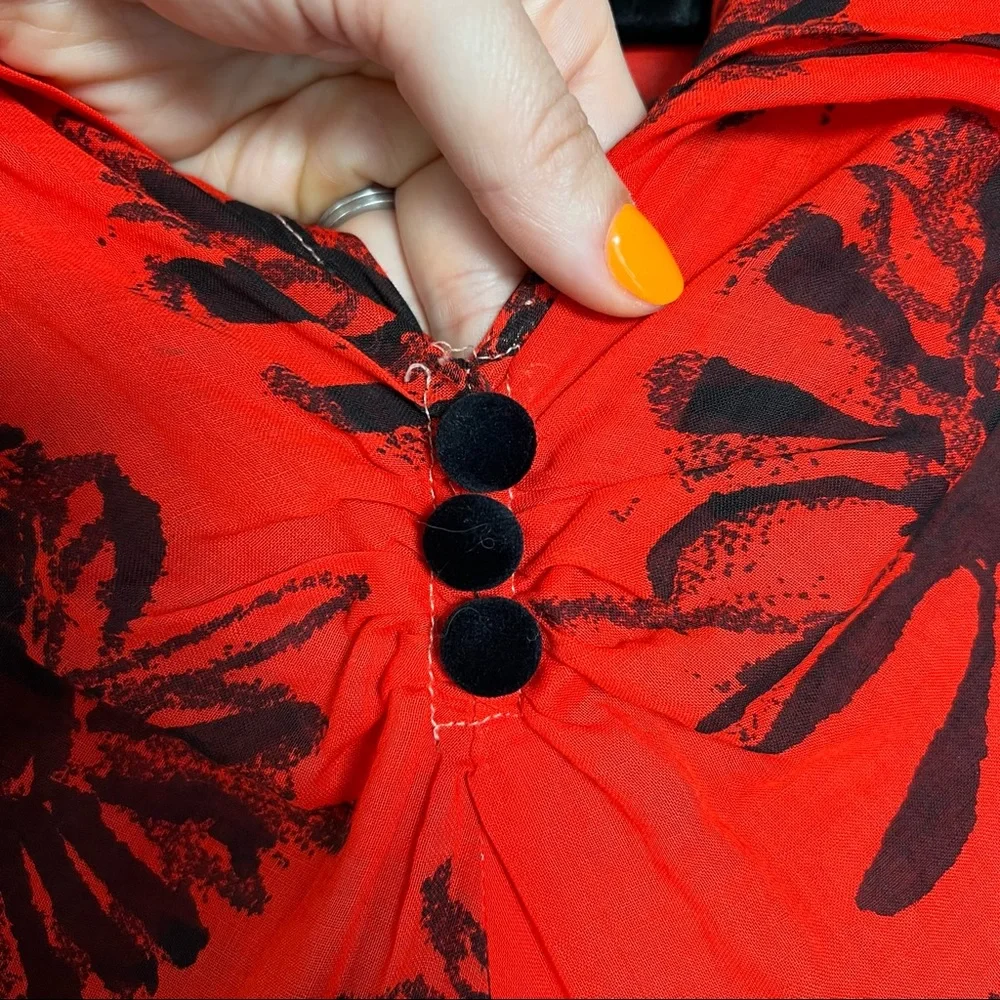 Vintage 1940s semi-sheer a-line red dress with allover black floral print. Small - Picture 5 of 15